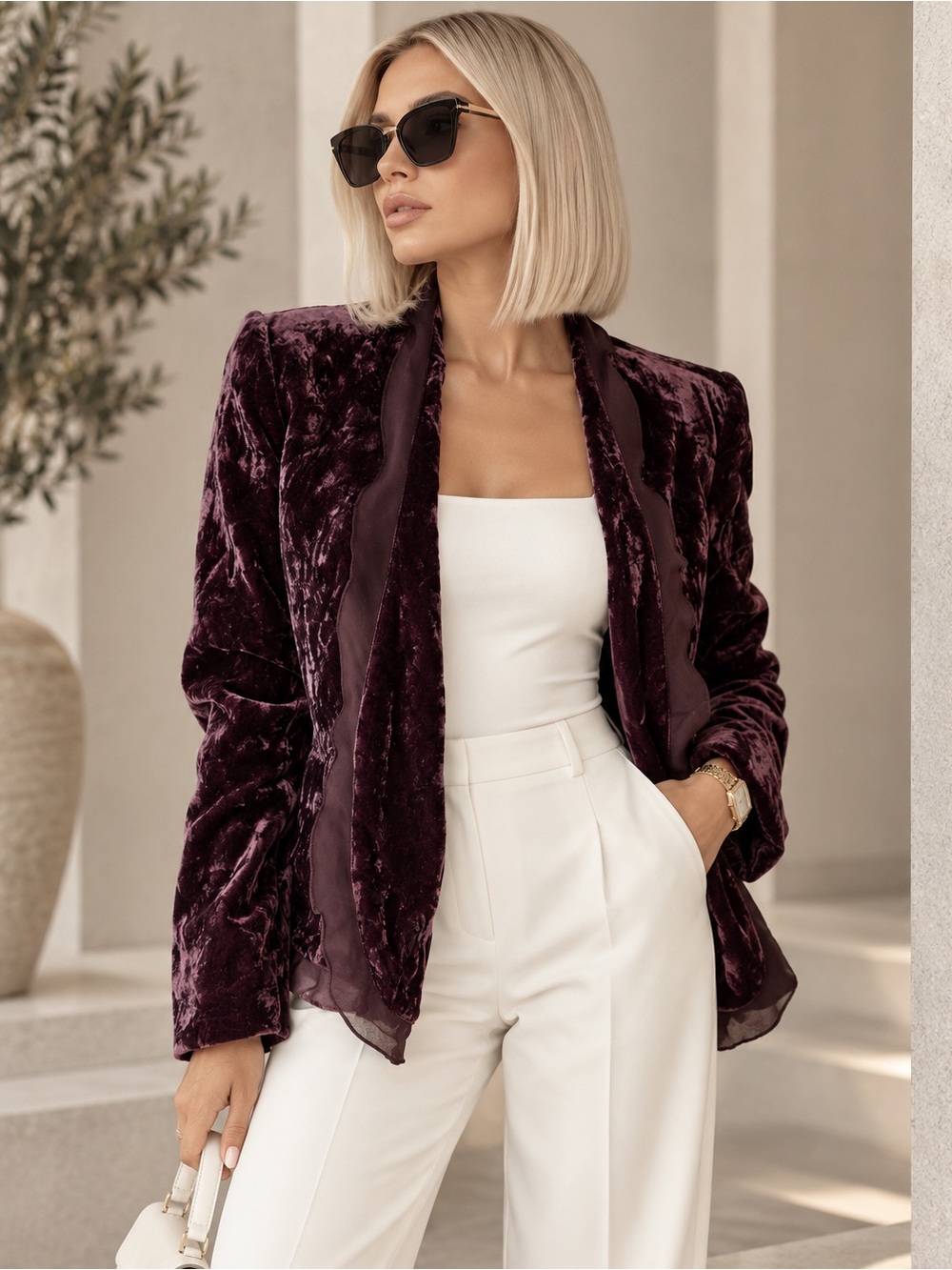 Chadwicks Velvet Open-Front Blazer in Plum